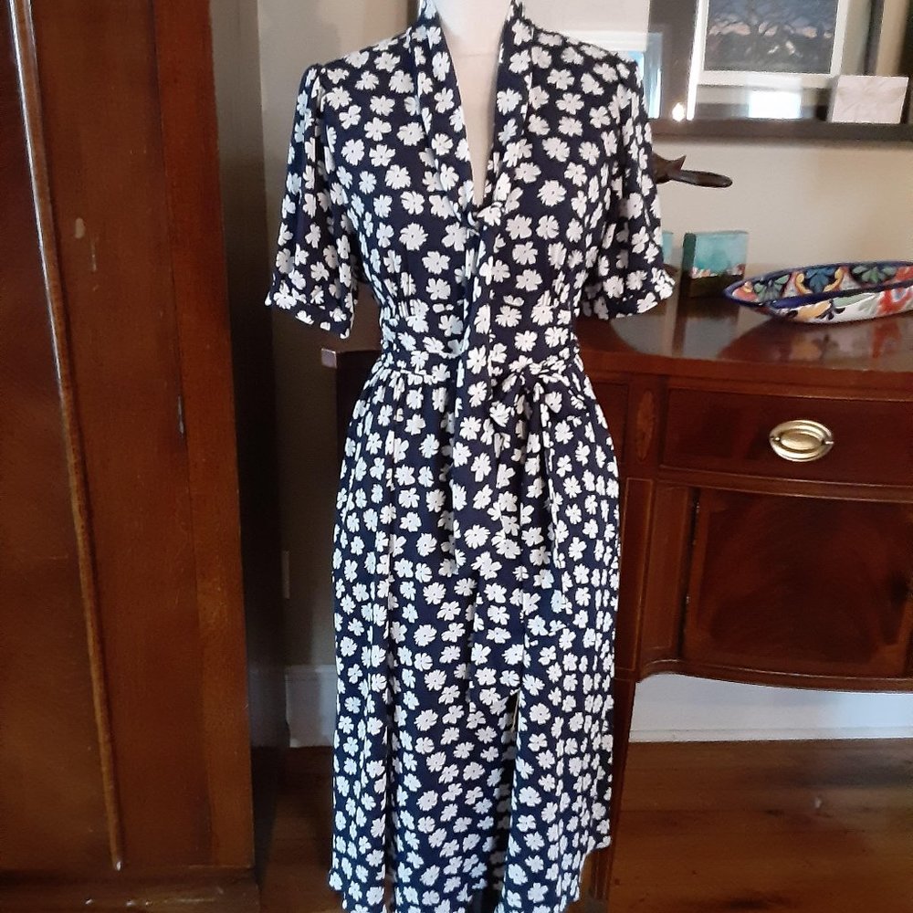 J Crew 1940s Inspired Navy/White Midi Dress Size 8
